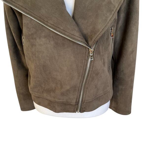 Apperloth A Moto Jacket Women's Size Large L Olive Green Faux Suede Zippers Soft - Picture 3 of 10